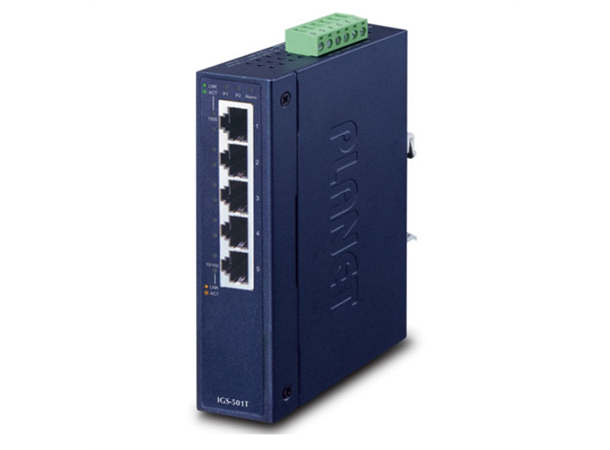 IGS-501T, 5-port Din-rail Switch 5-Port GbE, 9-48VDC, 24VAC, -40-75C 