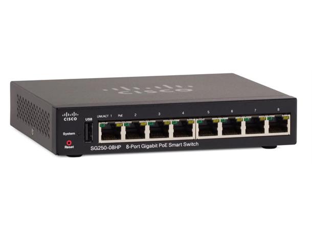 Cisco SG250-08HP 8-Port Gigabit PoE 8 x 10/100/1000 (PoE+), 45Watt 