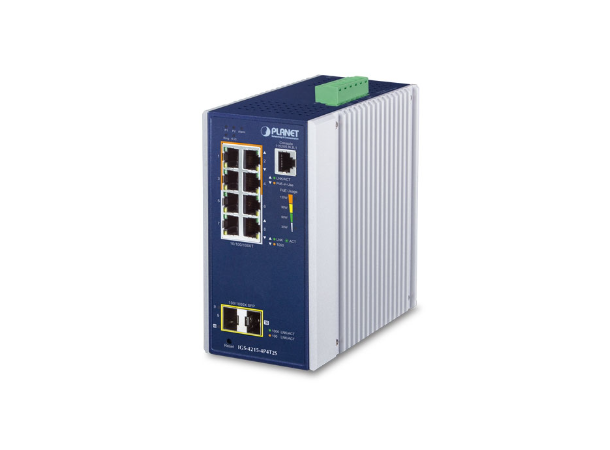 IGS-4215-4P4T2S 4-port Industrial Switch L2/L4.2xSFP 2xGbE, Ring, PoE+, 48-54VDC 