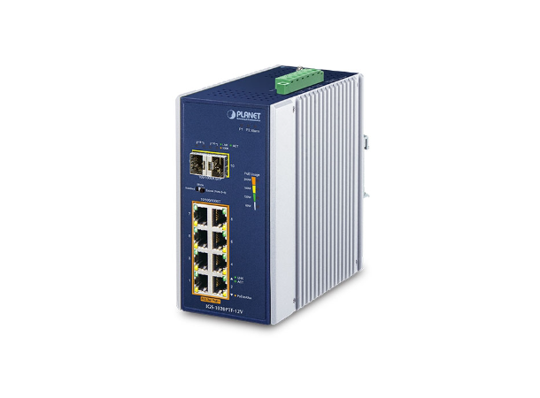 IGS-1020PTF-12V 8-port Din-rail Switch 2xSFP, PoE+, 12-54VDC, Extend 