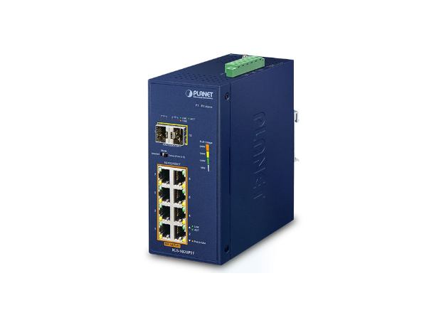IGS-1020PTF 8-port Din-rail Switch 2xSFP, PoE+, 48-54VDC, Extend 