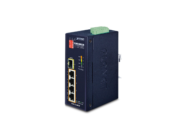 ISW-514PTF 5-port Din-rail Switch 1xSFP, 4xPoE+, 12-54VDC, Extend 