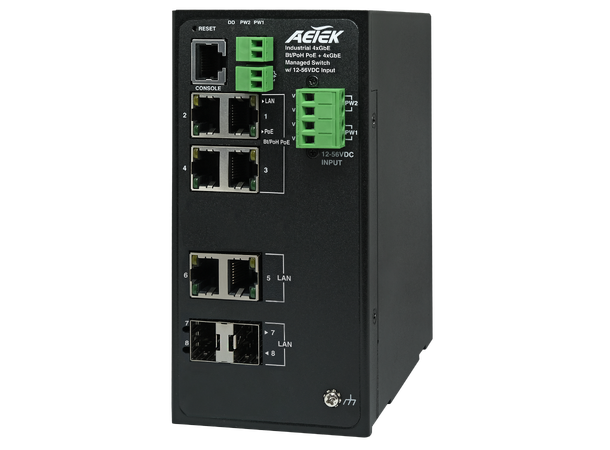 Aetek D60-044-91-DC Ind 4x90W bt PoE, 2xSFP, 2xRJ45 