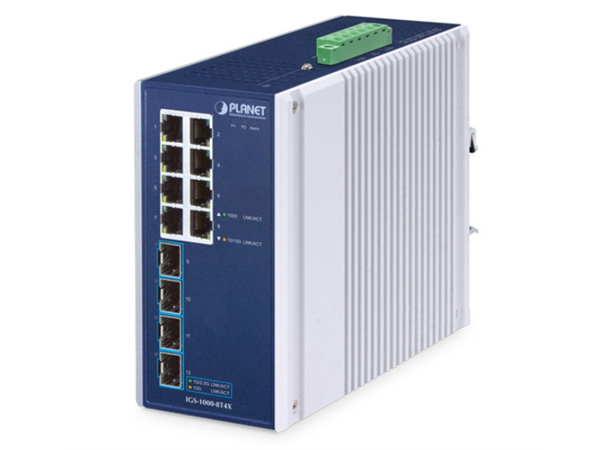 IGS-1000-8T4X 8+4-port Din-rail Switch 4xSFP, 9-48VDC, -40-75 degree C 