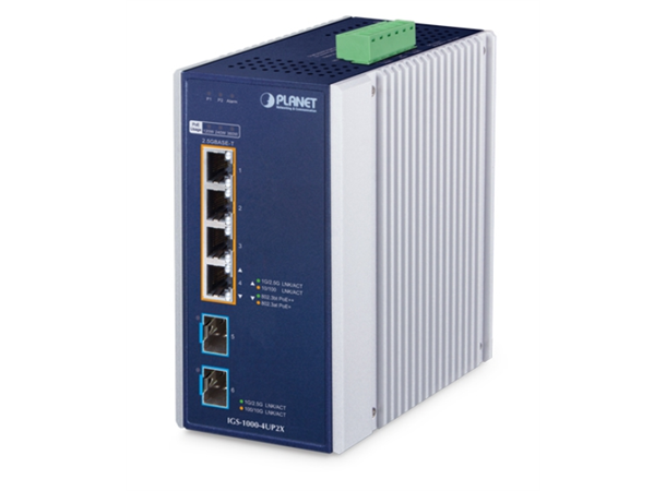 IGS-1000-4UP2X 6-port Din-rail Switch 2xSFP, PoE++, 48-54VDC 