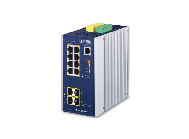IGS-5225-8P4S-12 8port Industrial Switch L2+, 4xSFP,2xRJ45, POE+, 12-54VDC 