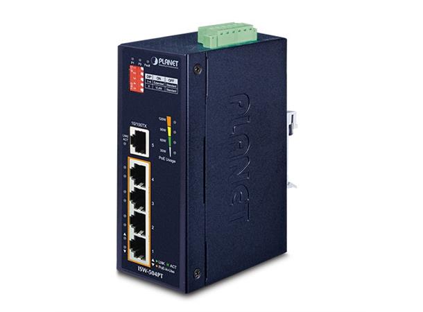 ISW-504PT 5-port Din-rail Switch 1xRJ45, 4xPoE+, 12-54VDC, Extend 
